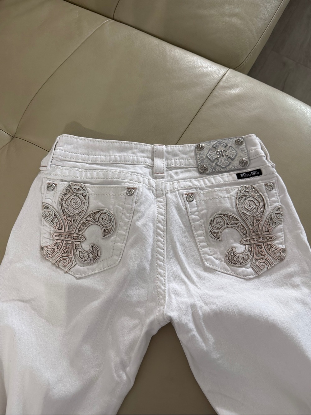 Miss Me White Boot Cut Jeans with Fleur-de-Lis Embroidery